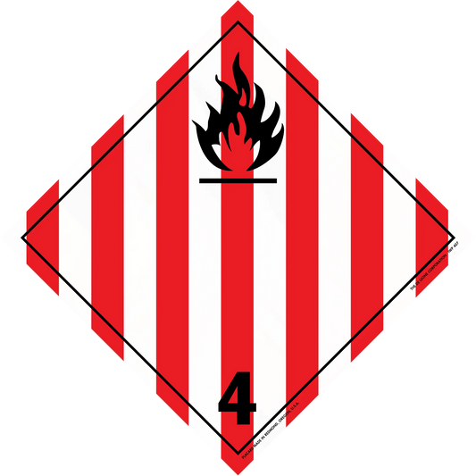 Hazardous material warning placard with red and white stripes and a black flame symbol marked with number 4.