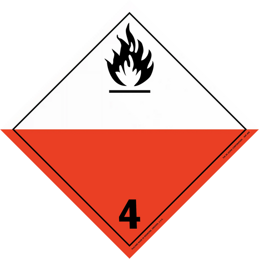 Hazard warning placard for Class 4 flammable solids with black flame symbol.