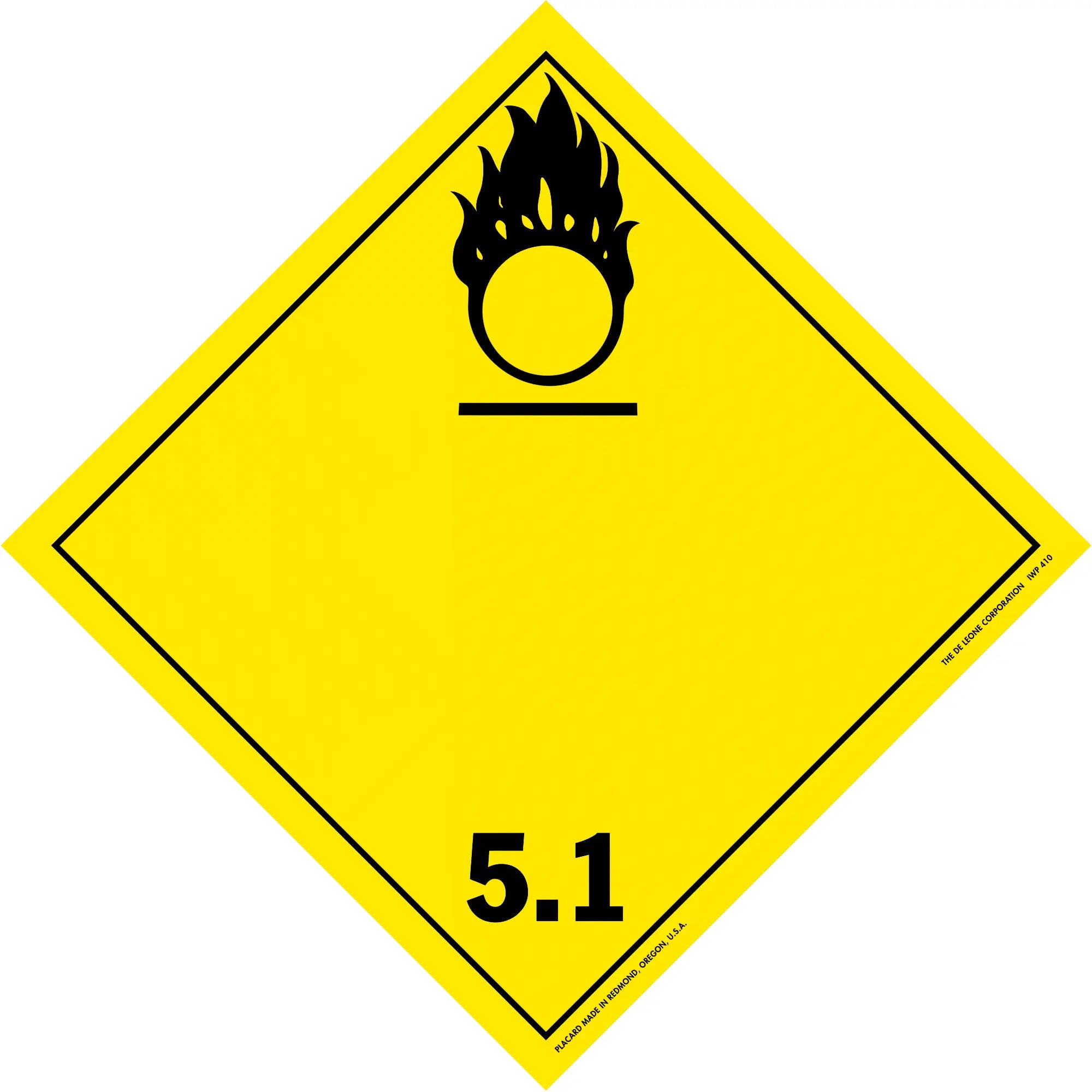Yellow diamond-shaped hazard placard with a black oxidizing agent symbol and number 5.1.