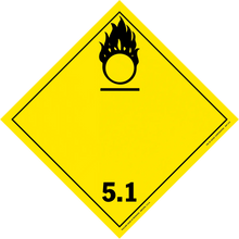 Yellow diamond-shaped hazard placard with a black oxidizing agent symbol and number 5.1.