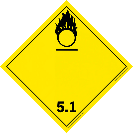 Yellow diamond-shaped hazard placard with a black oxidizing agent symbol and number 5.1.