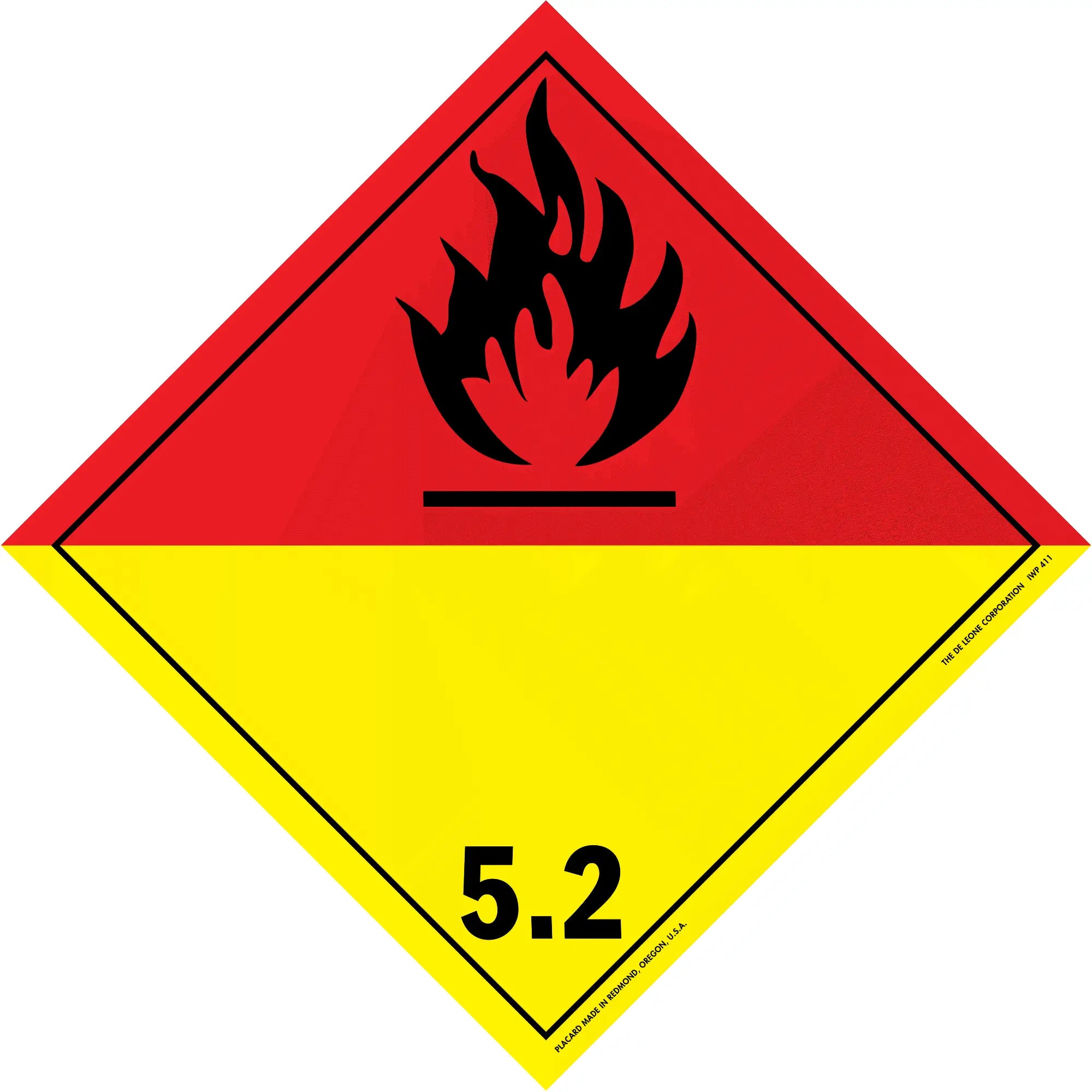 Hazardous materials warning placard showing class 5.2 organic peroxide with flame symbol.