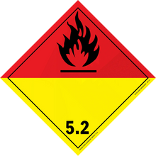 Hazardous materials warning placard showing class 5.2 organic peroxide with flame symbol.