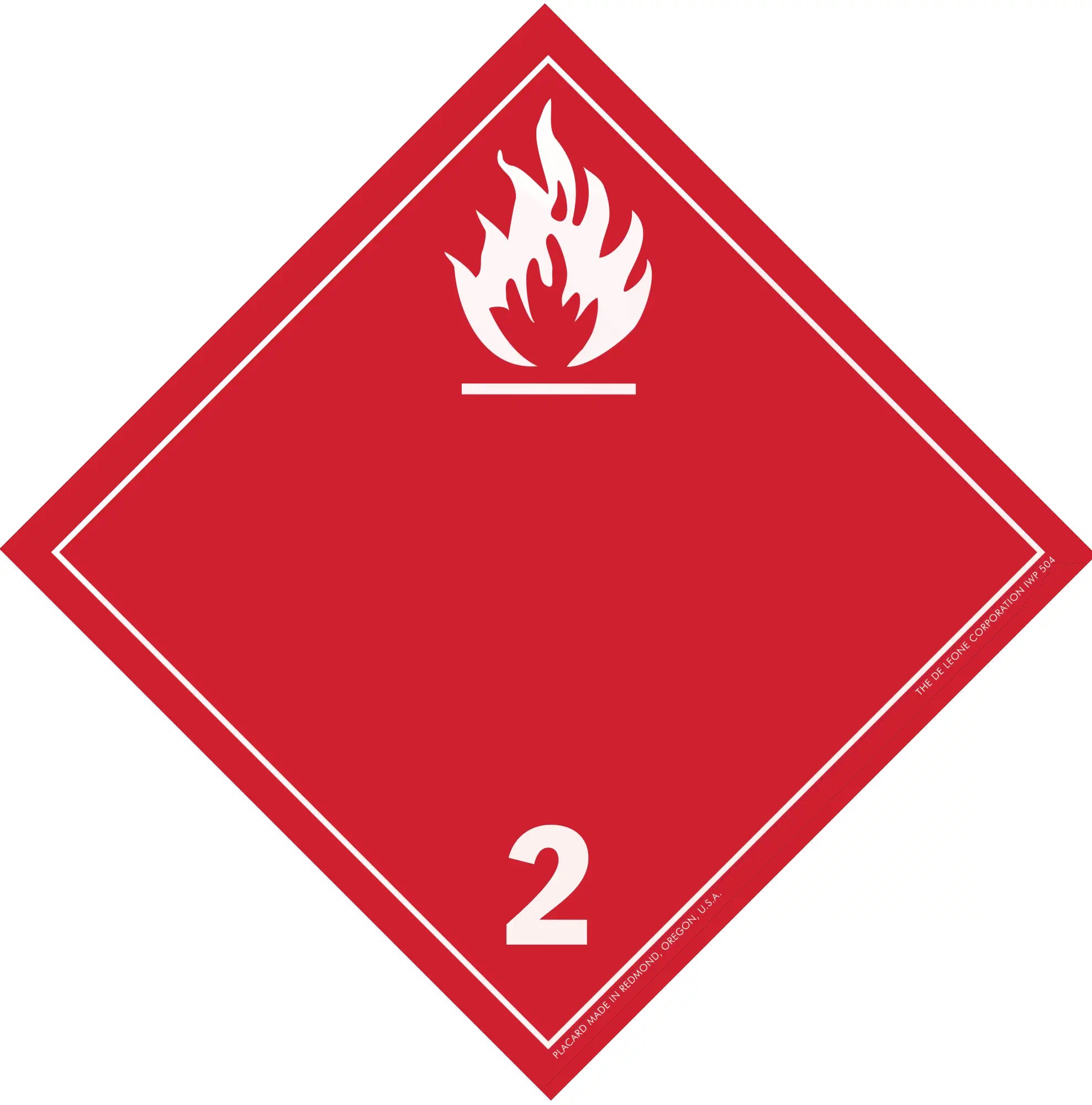 Red diamond-shaped hazard placard with flame symbol and number 2, indicating flammable gases.