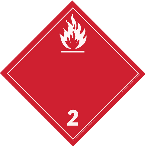 Red diamond-shaped hazard placard with flame symbol and number 2, indicating flammable gases.