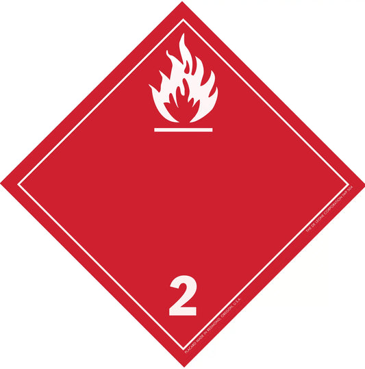 Red diamond-shaped hazard placard with flame symbol and number 2, indicating flammable gases.