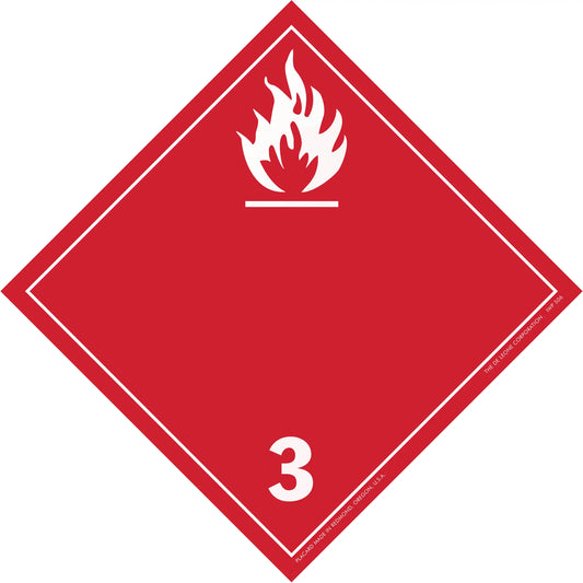 Red diamond-shaped hazard placard with flame symbol and number 3, indicating flammable liquids.