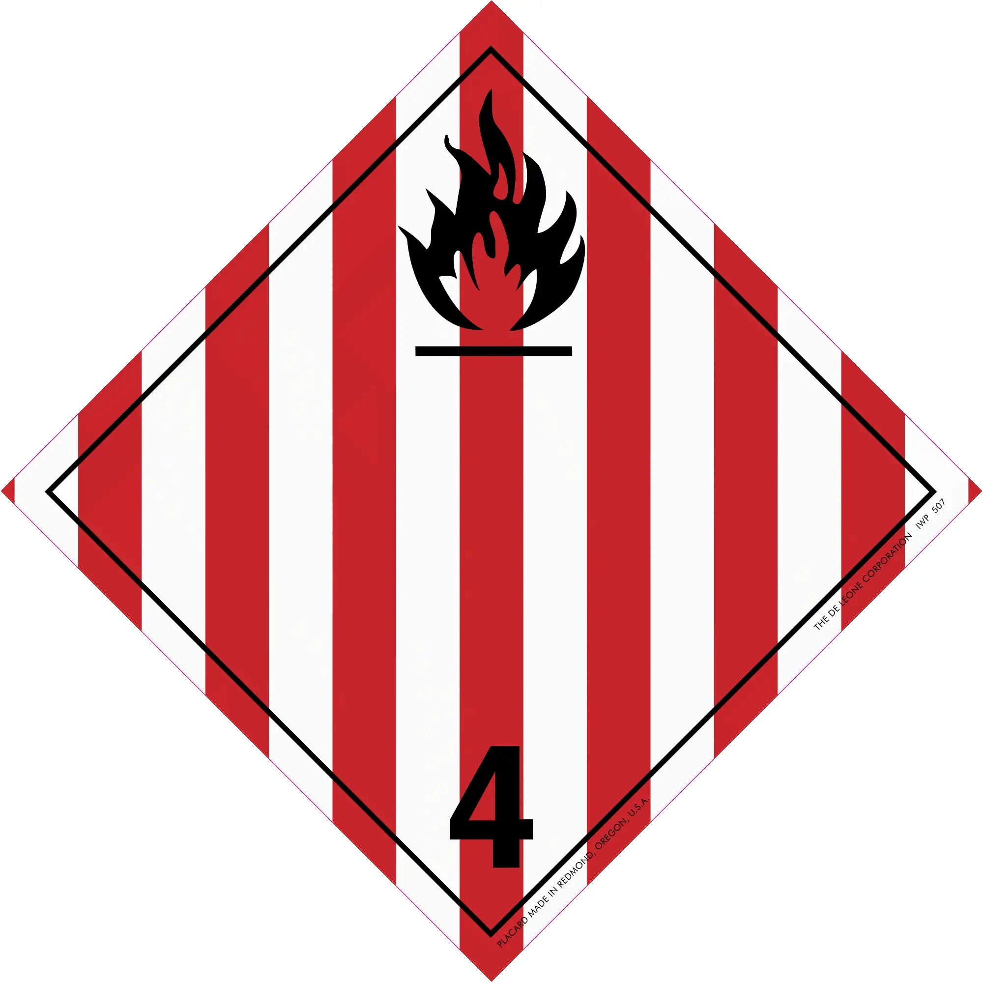 Diamond-shaped hazard placard with red and white stripes, black flame symbol, and number 4.
