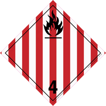 Diamond-shaped hazard placard with red and white stripes, black flame symbol, and number 4.