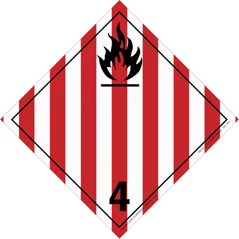 Diamond-shaped hazard placard with red and white stripes, black flame symbol, and number 4.