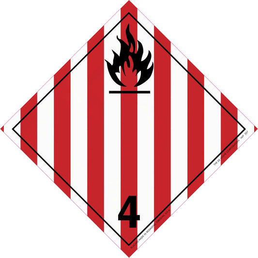 Diamond-shaped hazard placard with red and white stripes, black flame symbol, and number 4.