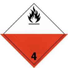 Hazard warning placard with flame symbol and number 4, indicating spontaneously combustible materials.