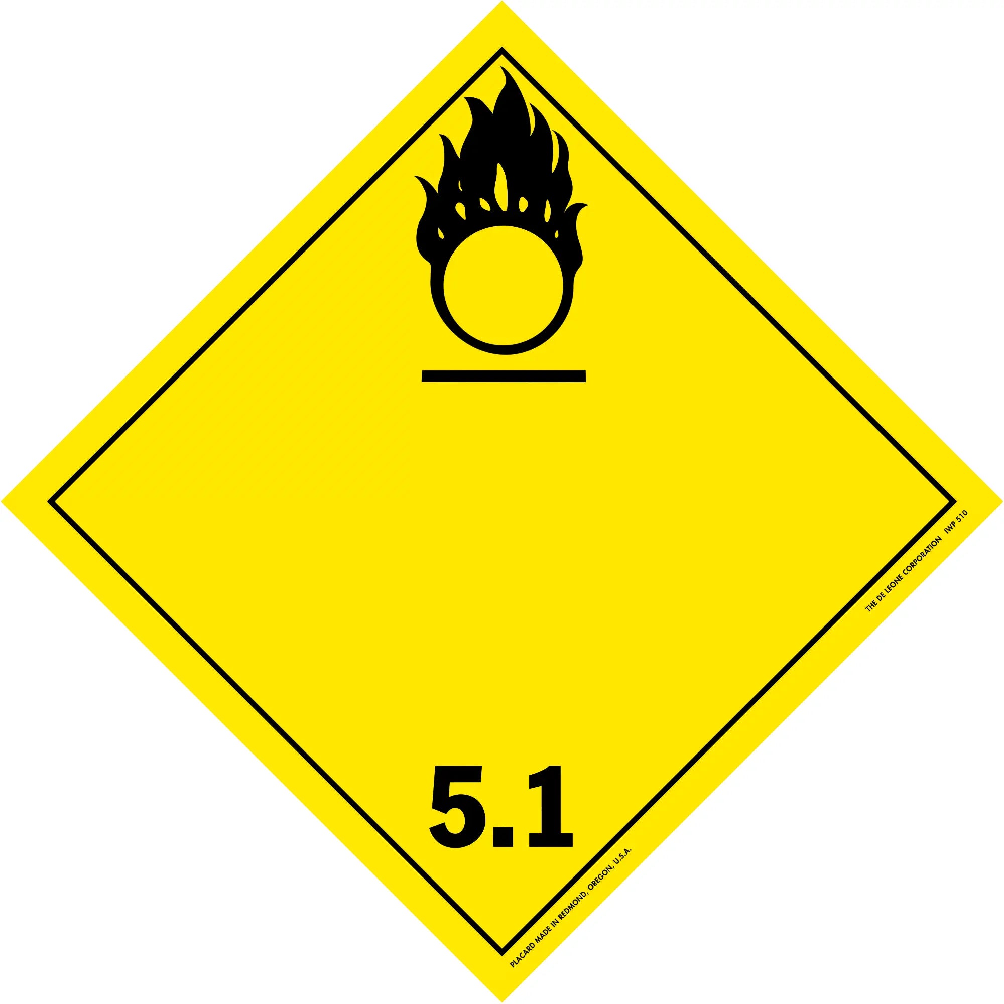 Yellow diamond-shaped hazard warning sign with a black oxidizing agent symbol and number 5.1.