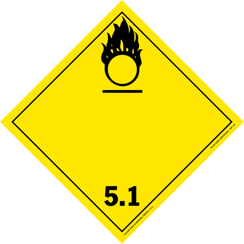 Yellow diamond-shaped hazard warning sign with a black oxidizing agent symbol and number 5.1.