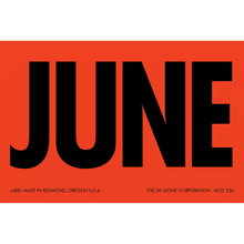 Bold black text spelling ’JUNE’ on a red background.