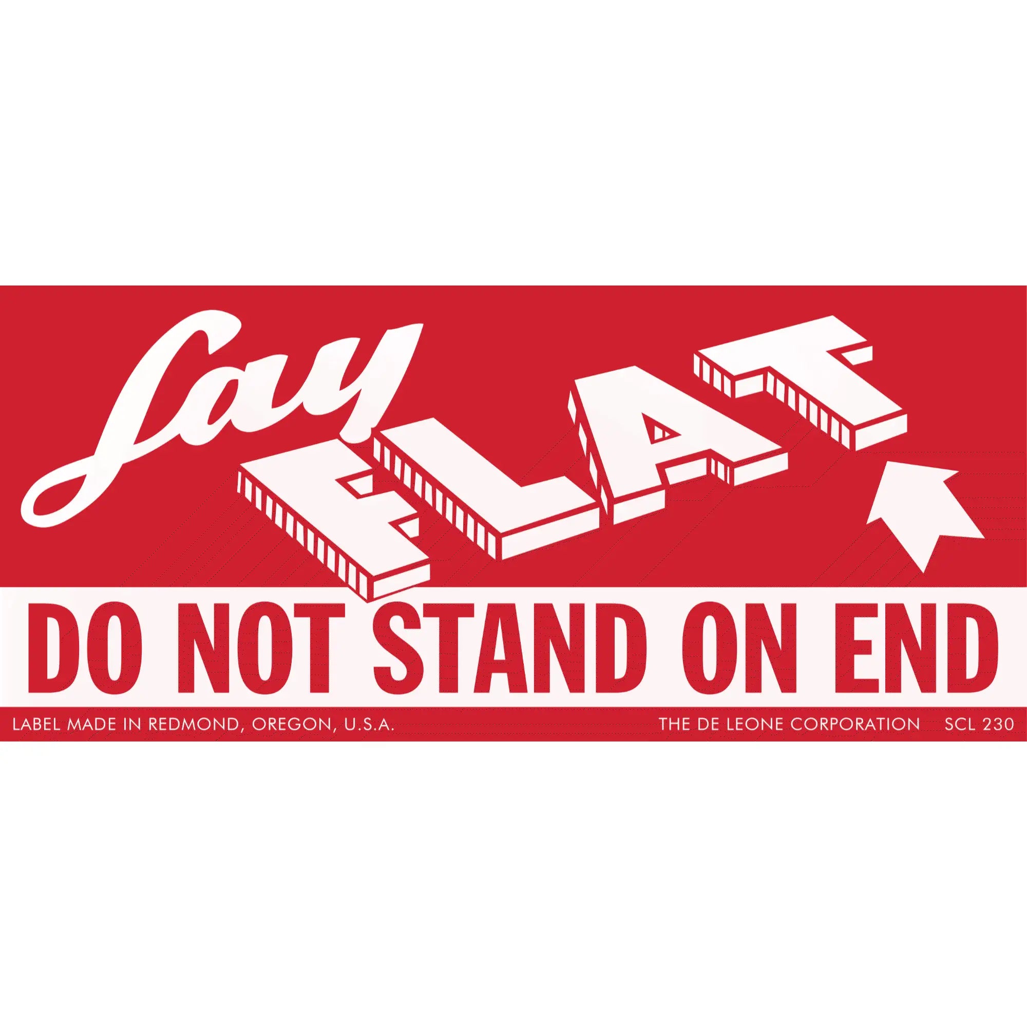 Red and white Lay Flat warning label with isometric text design.