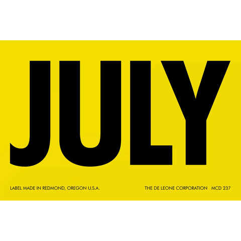 Bold black text spelling ’JULY’ on a yellow background.