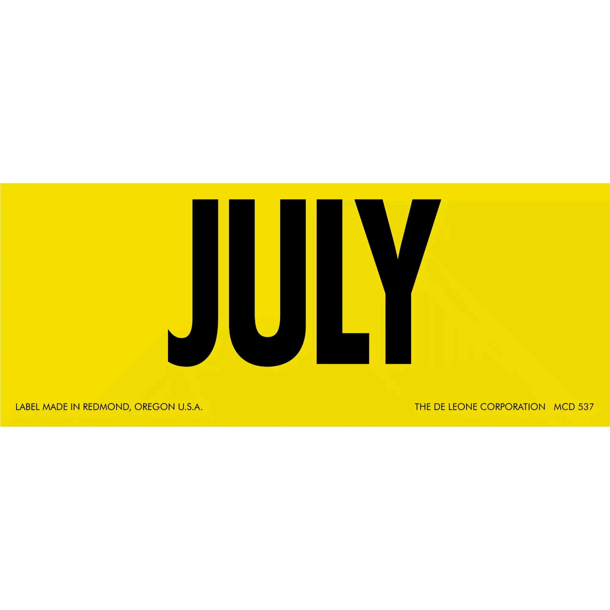 Bold black text spelling ’JULY’ on a yellow label.