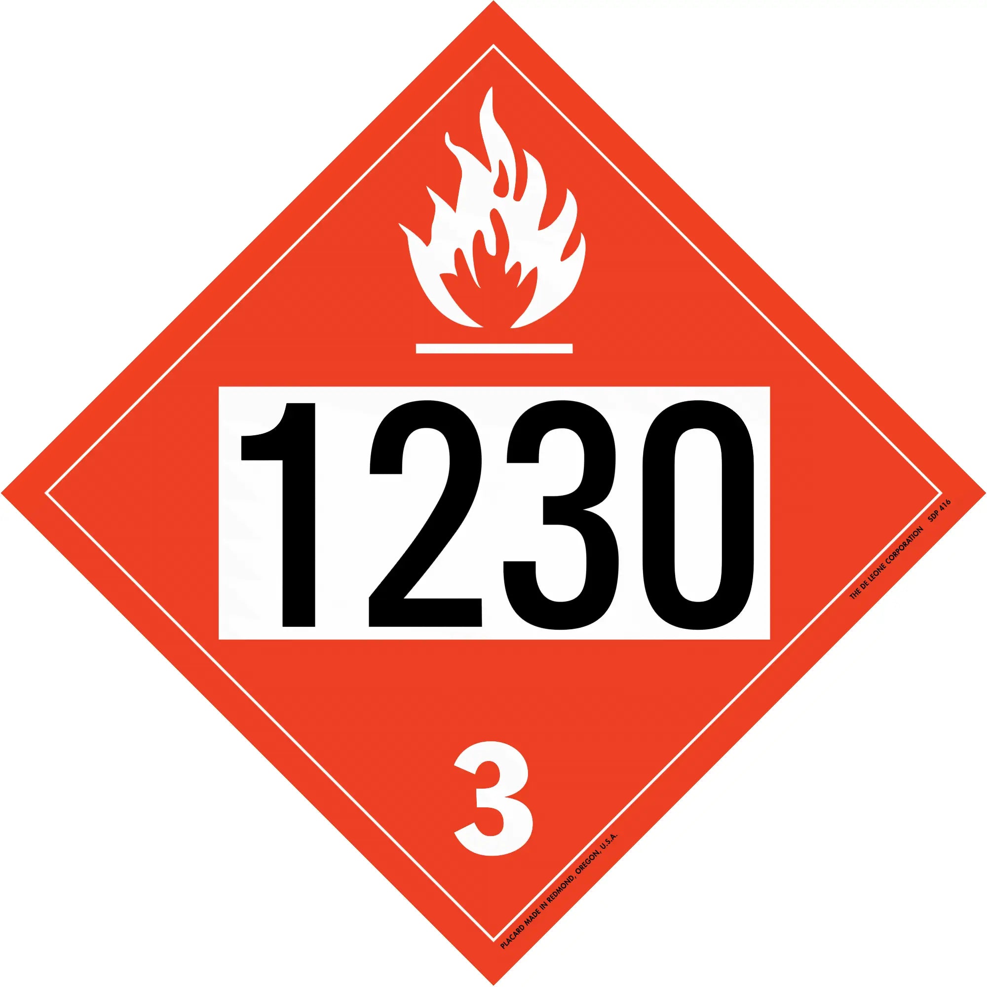 Red diamond-shaped hazardous material placard displaying ’1230’’ and ’3’’ with a flame symbol.