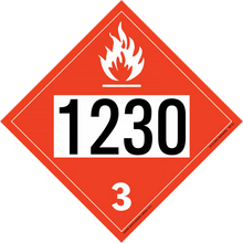 Red diamond-shaped hazardous material placard displaying ’1230’’ and ’3’’ with a flame symbol.