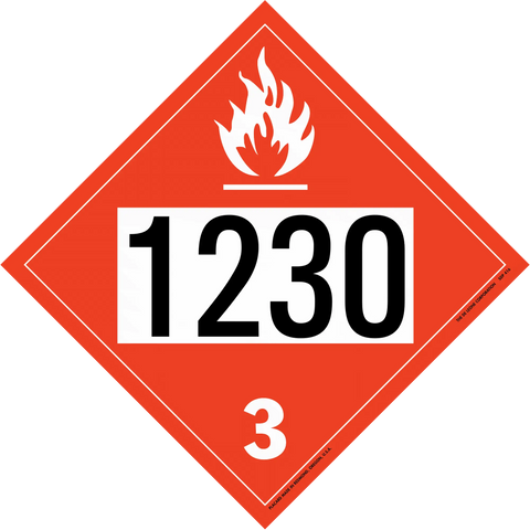 Red diamond-shaped hazardous material placard displaying ’1230’’ and ’3’’ with a flame symbol.