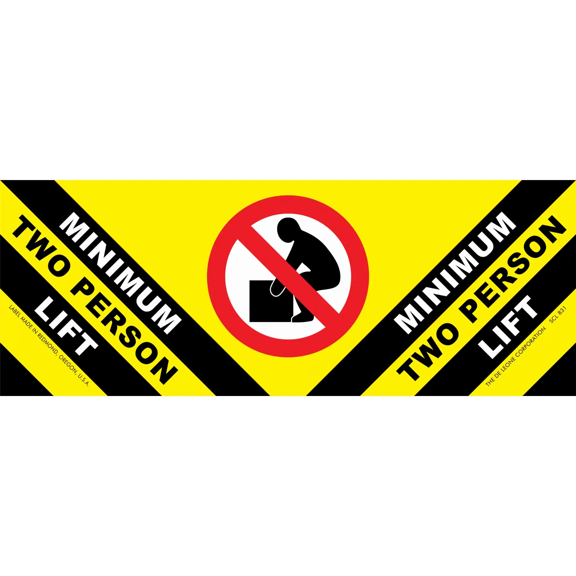 Warning sign indicating a minimum two-person lift requirement with black and yellow hazard stripes.