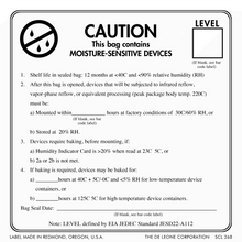 Warning label for moisture-sensitive electronic devices with handling instructions.