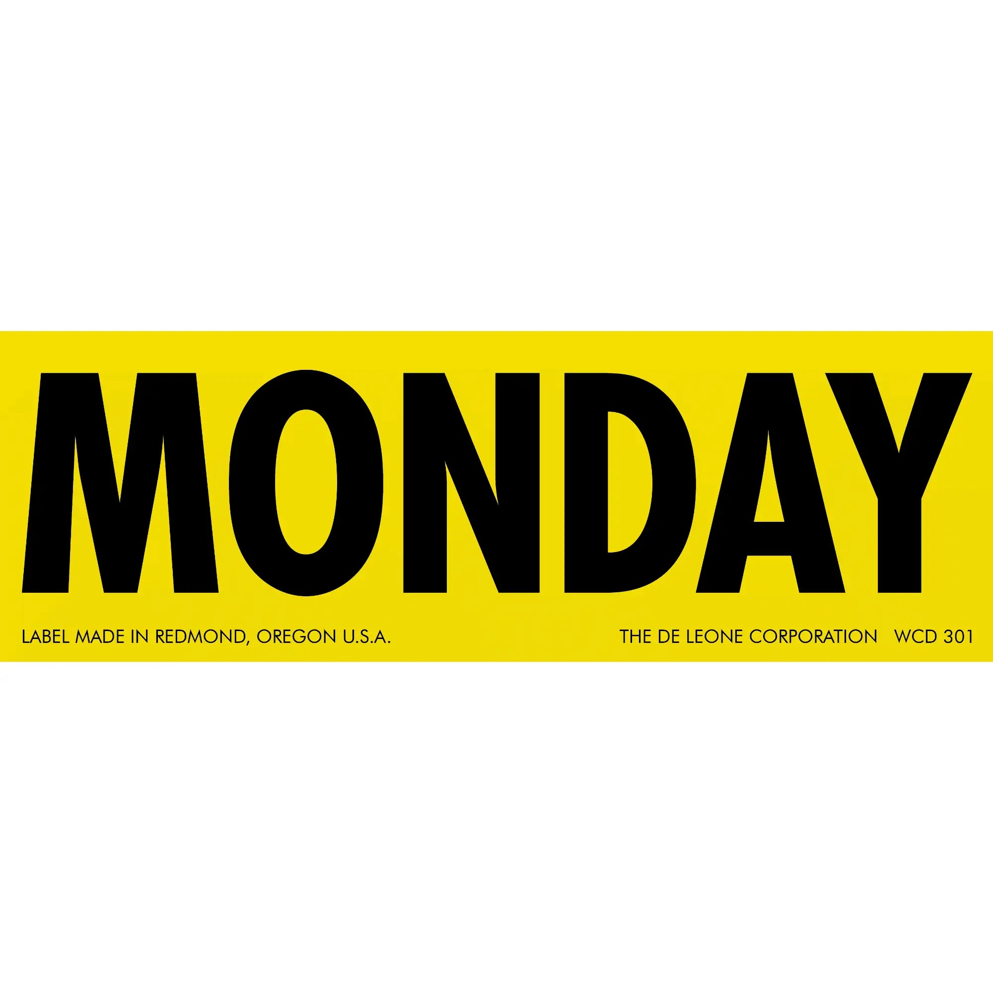 Bold black text spelling ’MONDAY’ on a yellow rectangular label.