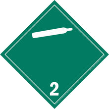 Green diamond-shaped hazard placard with number 2 and gas cylinder symbol.