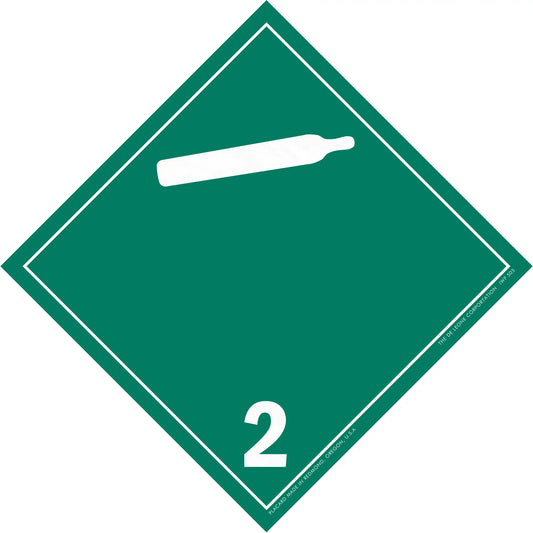 Green diamond-shaped hazard placard with number 2 and gas cylinder symbol.