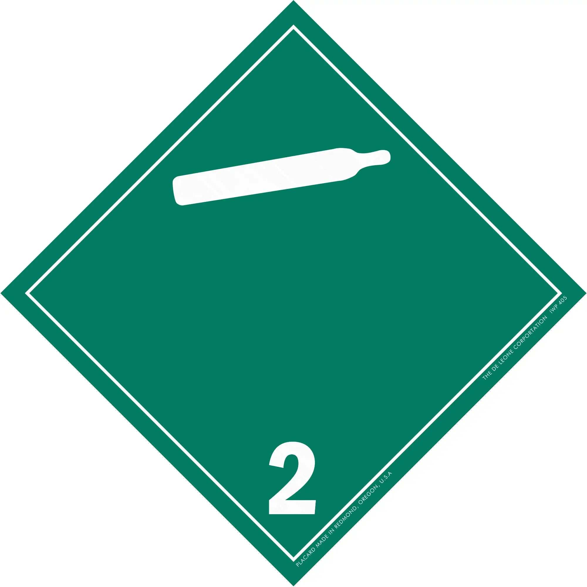 Green diamond-shaped hazard placard with number 2 and a gas cylinder symbol.