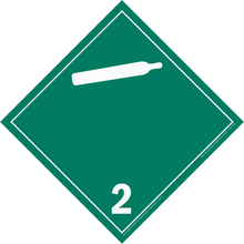 Green diamond-shaped hazard placard with number 2 and a gas cylinder symbol.