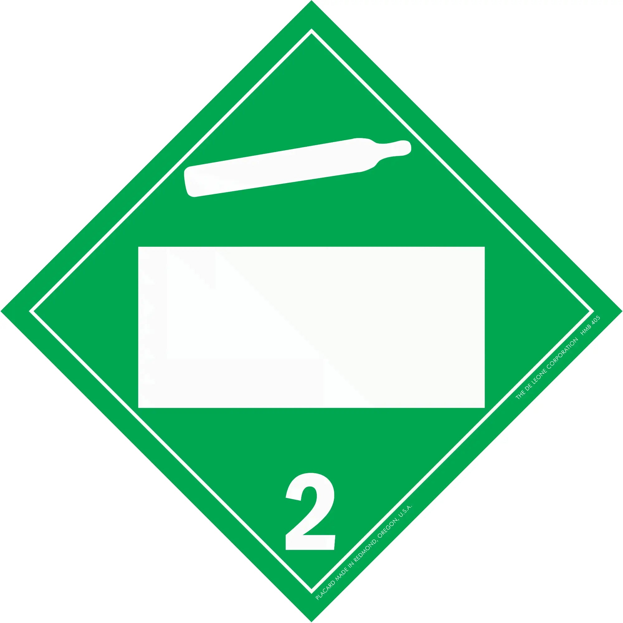 Diamond-shaped green hazard placard with number 2 and a gas cylinder symbol.