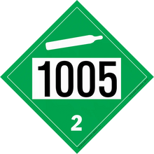 Green diamond-shaped hazard placard displaying ’1005’’ and ’2’’ with a gas cylinder symbol.