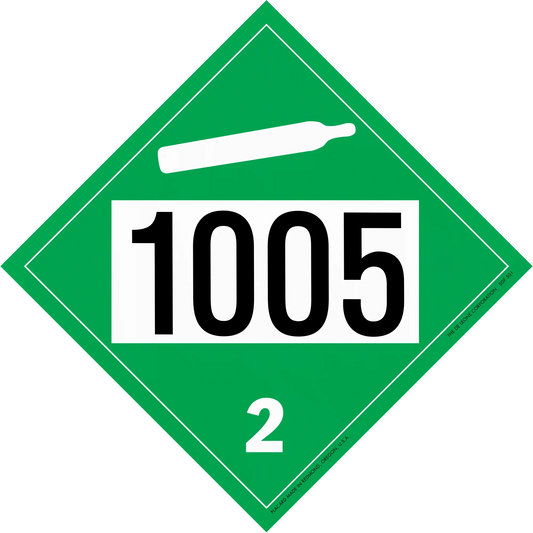 Green diamond-shaped hazard placard displaying ’1005’’ and ’2’’ with a gas cylinder symbol.