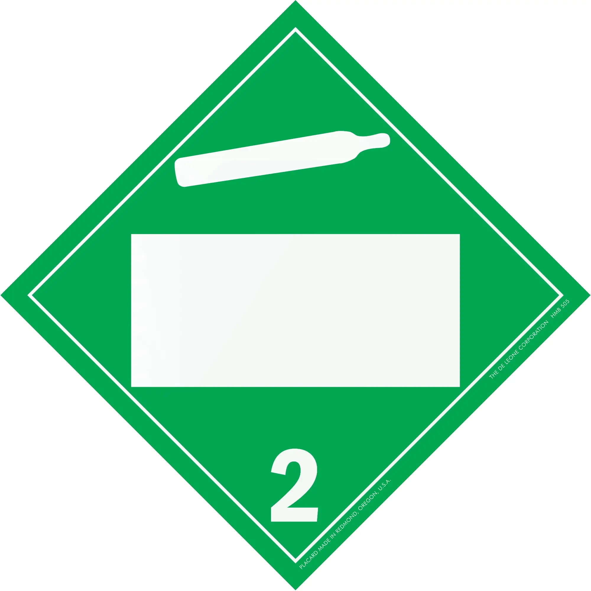 Green diamond-shaped hazard placard with number 2 and a gas cylinder symbol.