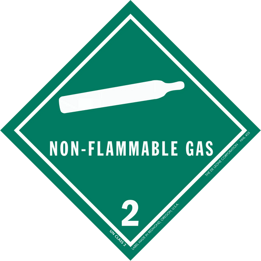 Green diamond-shaped hazard placard displaying ’NON-FLAMMABLE GAS’ with number 2 and gas cylinder symbol.