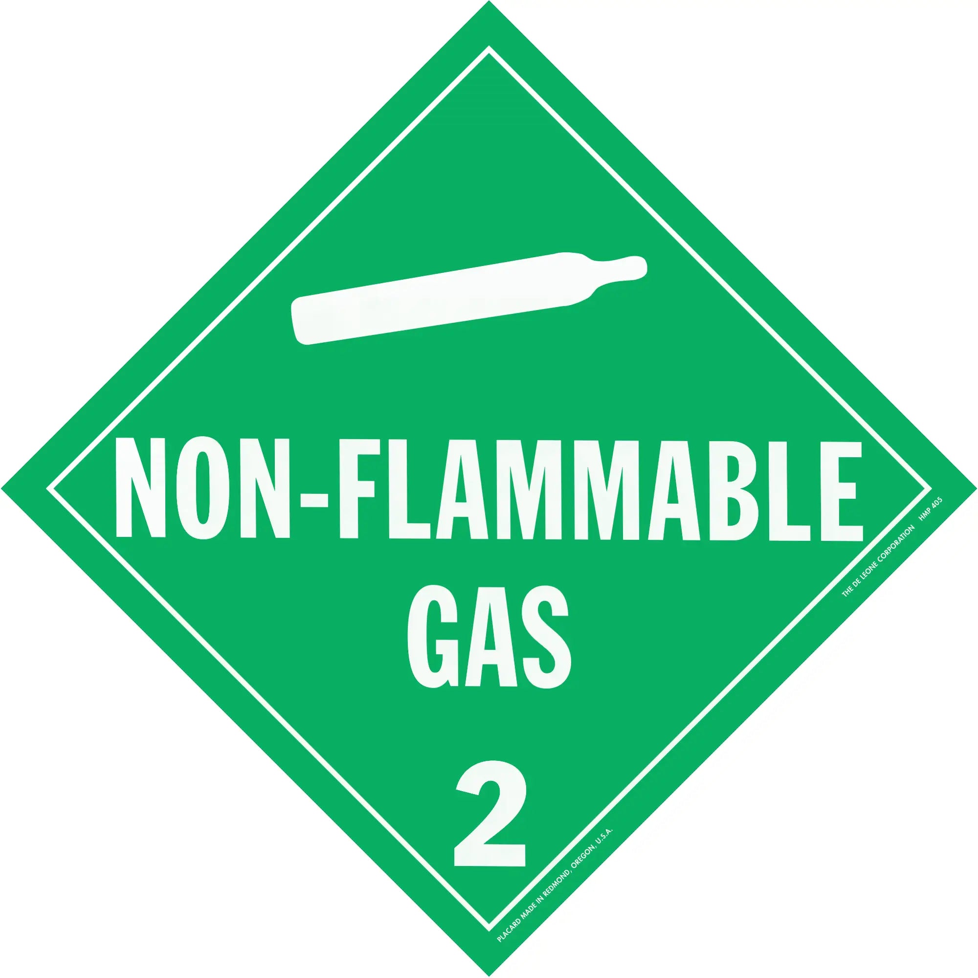 Diamond-shaped green warning sign for non-flammable gas with hazard class number 2.