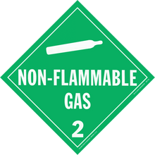 Diamond-shaped green warning sign for non-flammable gas with hazard class number 2.