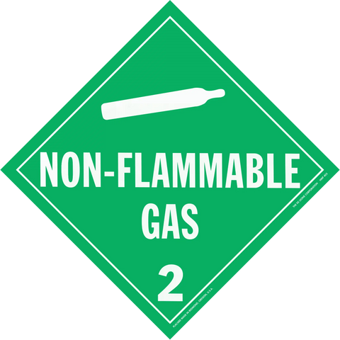 Diamond-shaped green warning sign for non-flammable gas with hazard class number 2.