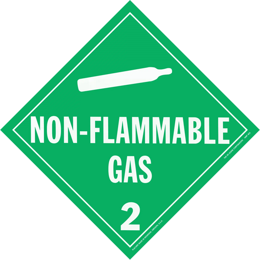 Diamond-shaped green warning sign for non-flammable gas with hazard class number 2.