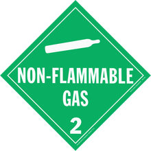 Green diamond-shaped warning sign for non-flammable gas with hazard class 2.