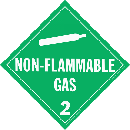 Green diamond-shaped warning sign for non-flammable gas with hazard class 2.