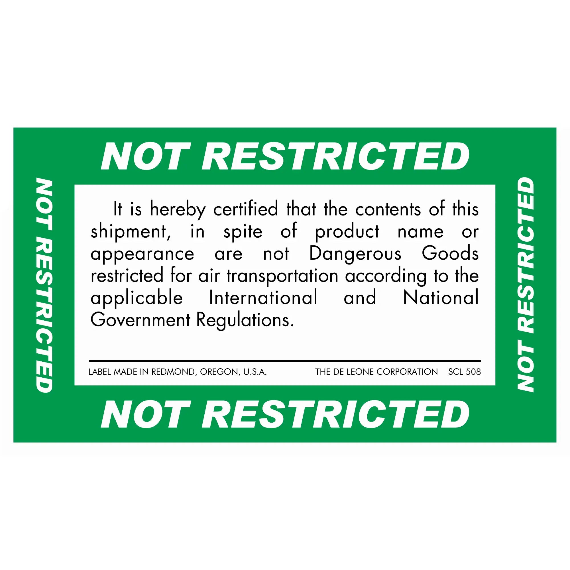 Green ’Not Restricted’ shipping label certifying contents are not dangerous goods for air transportation.