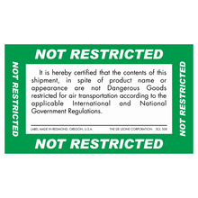 Green ’Not Restricted’ shipping label certifying contents are not dangerous goods for air transportation.