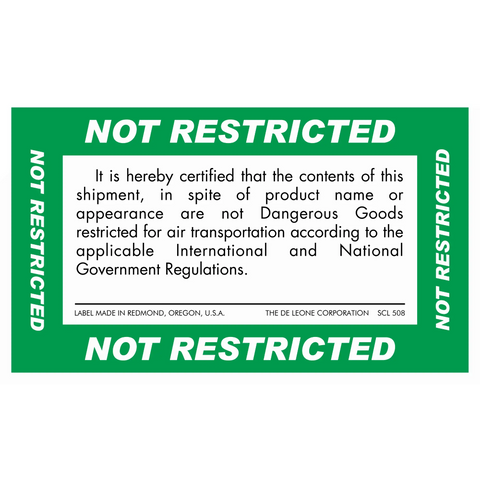 Green ’Not Restricted’ shipping label certifying contents are not dangerous goods for air transportation.