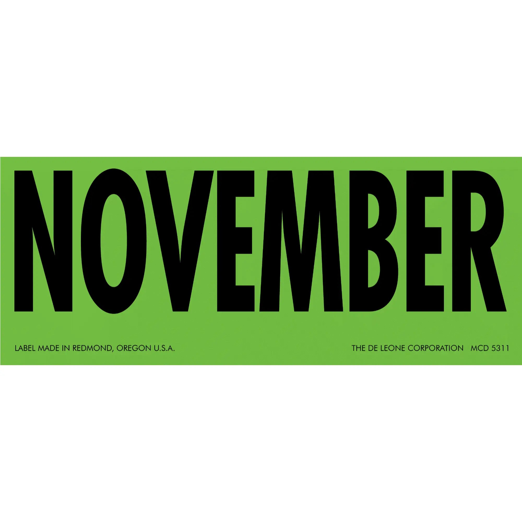 Green label with ’NOVEMBER’ printed in black text.