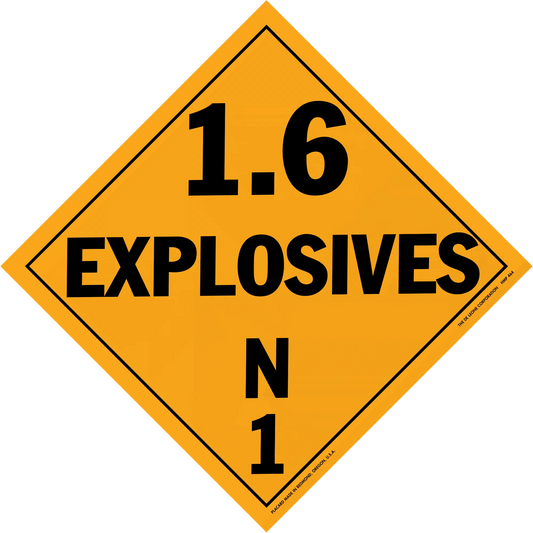 Orange diamond-shaped hazard placard displaying ’1.6 EXPLOSIVES N1’’ in black text.