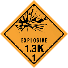 Diamond-shaped orange hazard warning sign for explosive material class 1.3K.