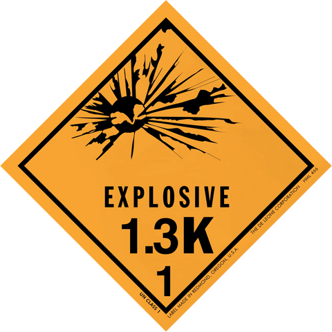 Diamond-shaped orange hazard warning sign for explosive material class 1.3K.